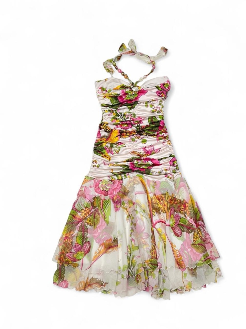 Strapless Floral Ruched Mini Dress in Pink & Green